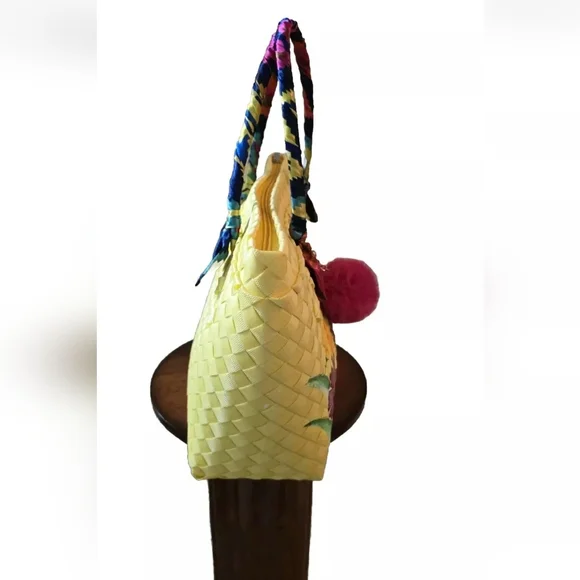 Gingham Basket Weave Handcrafted, Handpainted Silk-Wrapped Handle Tote Bag NWOT - Picture 6 of 14